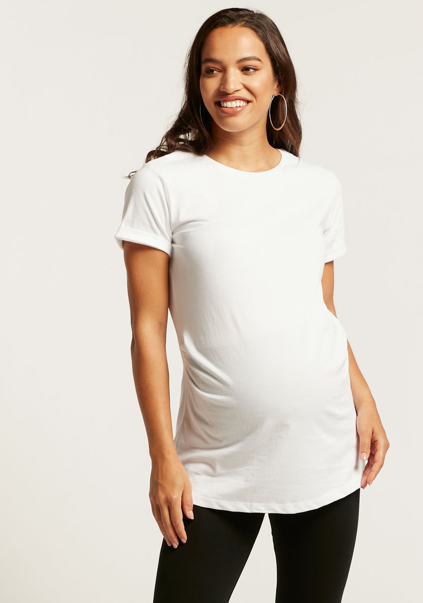 Love Mum Solid Maternity T-shirt with Round Neck and Short Sleeves-Tops-image-0