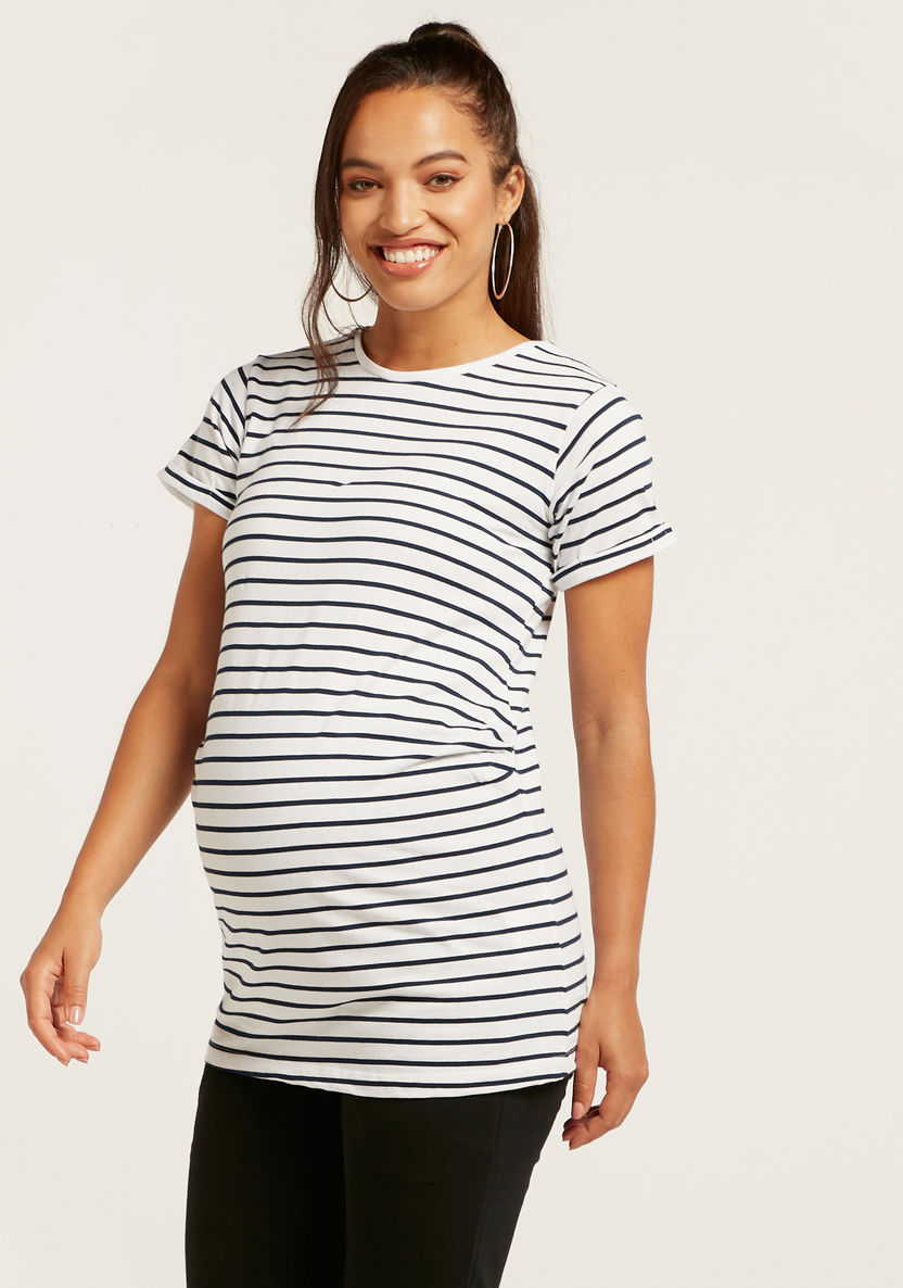 Love Mum Striped Maternity T-shirt with Round Neck and Short Sleeves-Tops-image-0