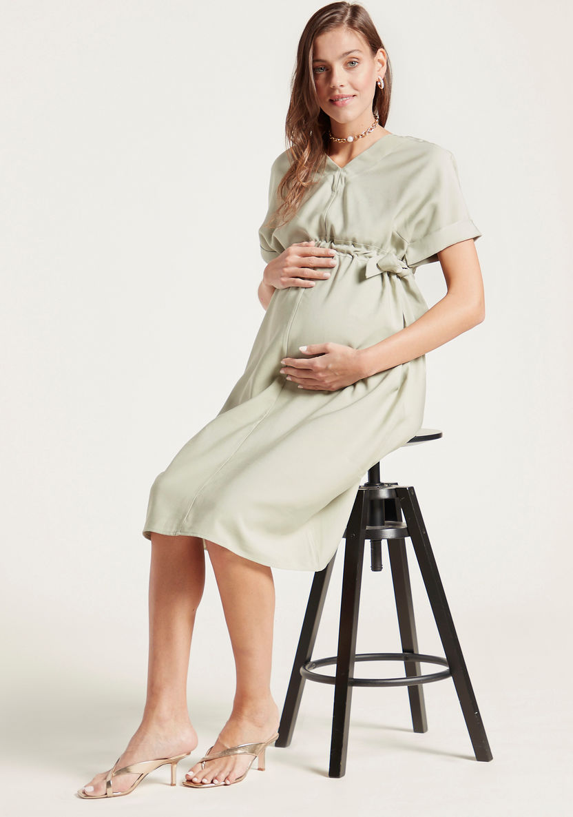 Love Mum Solid Twill Dress with Short Sleeves and Side Tie-Up-Dresses-image-0