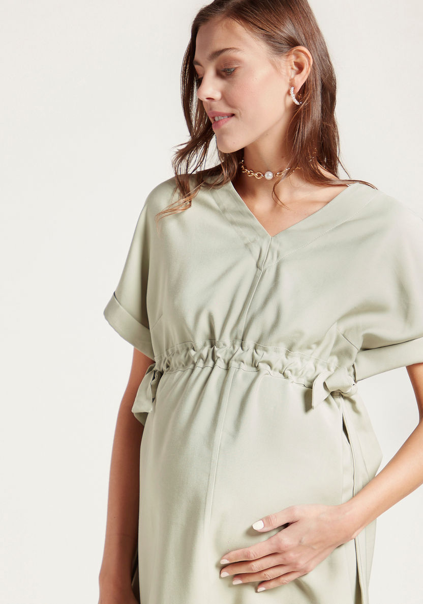 Love Mum Solid Twill Dress with Short Sleeves and Side Tie-Up-Dresses-image-1