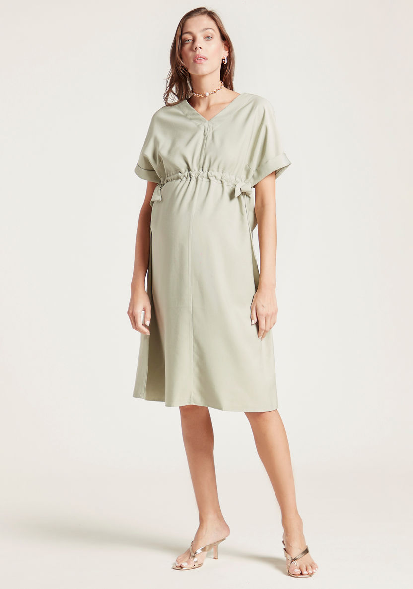 Love Mum Solid Twill Dress with Short Sleeves and Side Tie-Up-Dresses-image-2