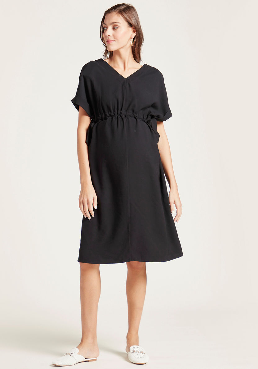 Love Mum Maternity Solid V-neck Wrap Dress with Short Sleeves-Dresses-image-0