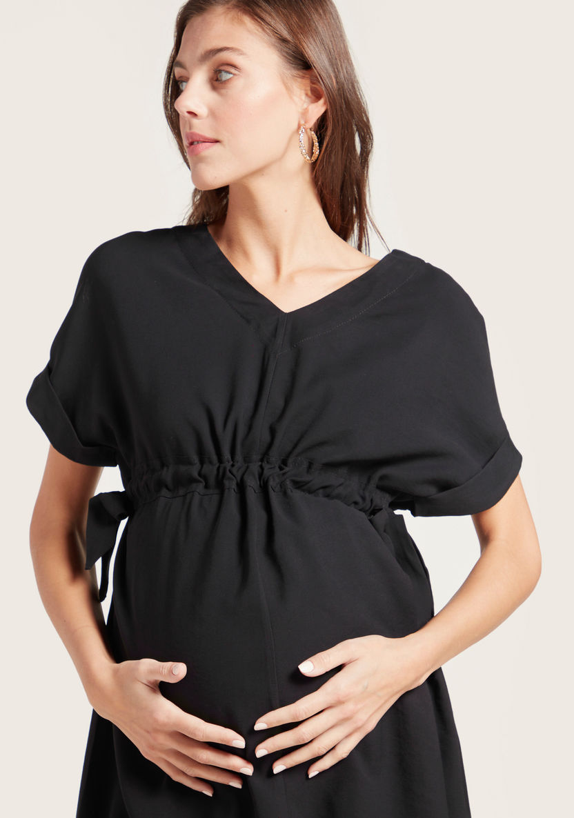 Love Mum Maternity Solid V-neck Wrap Dress with Short Sleeves-Dresses-image-2