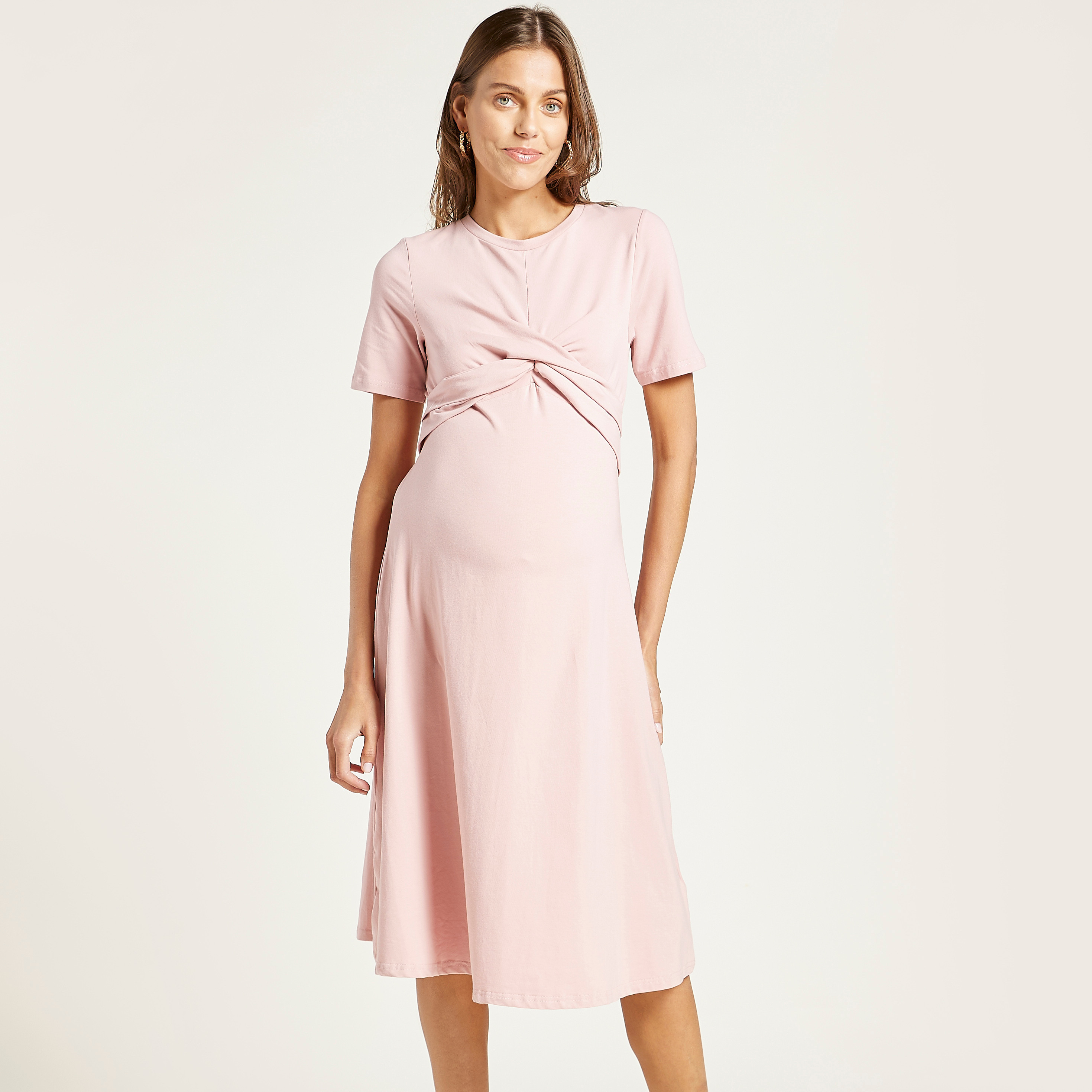Love Mum Solid Midi Maternity Dress with Round Neck and Knot Detail-baby-maternalcare-maternitywear-image-2