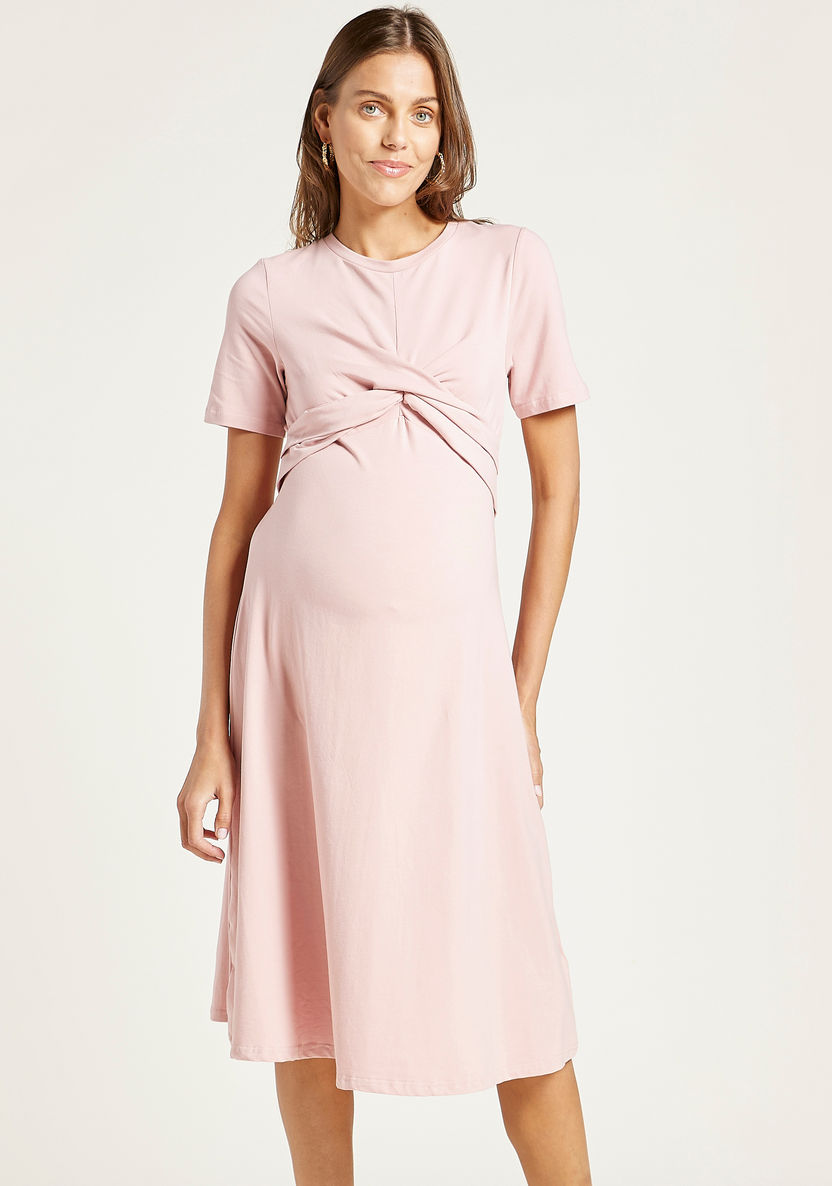 Love Mum Solid Midi Maternity Dress with Round Neck and Knot Detail-Dresses-image-1