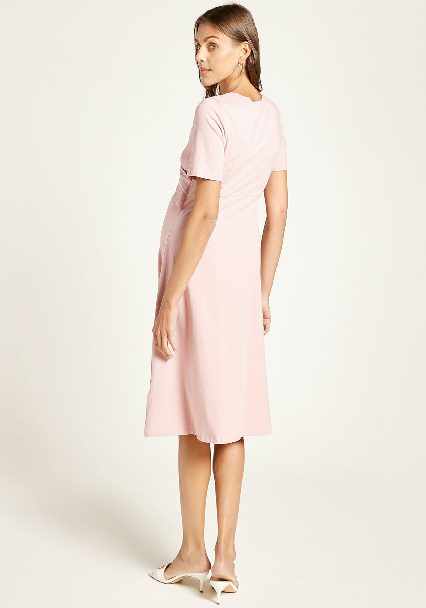 Love Mum Solid Midi Maternity Dress with Round Neck and Knot Detail-Dresses-image-3