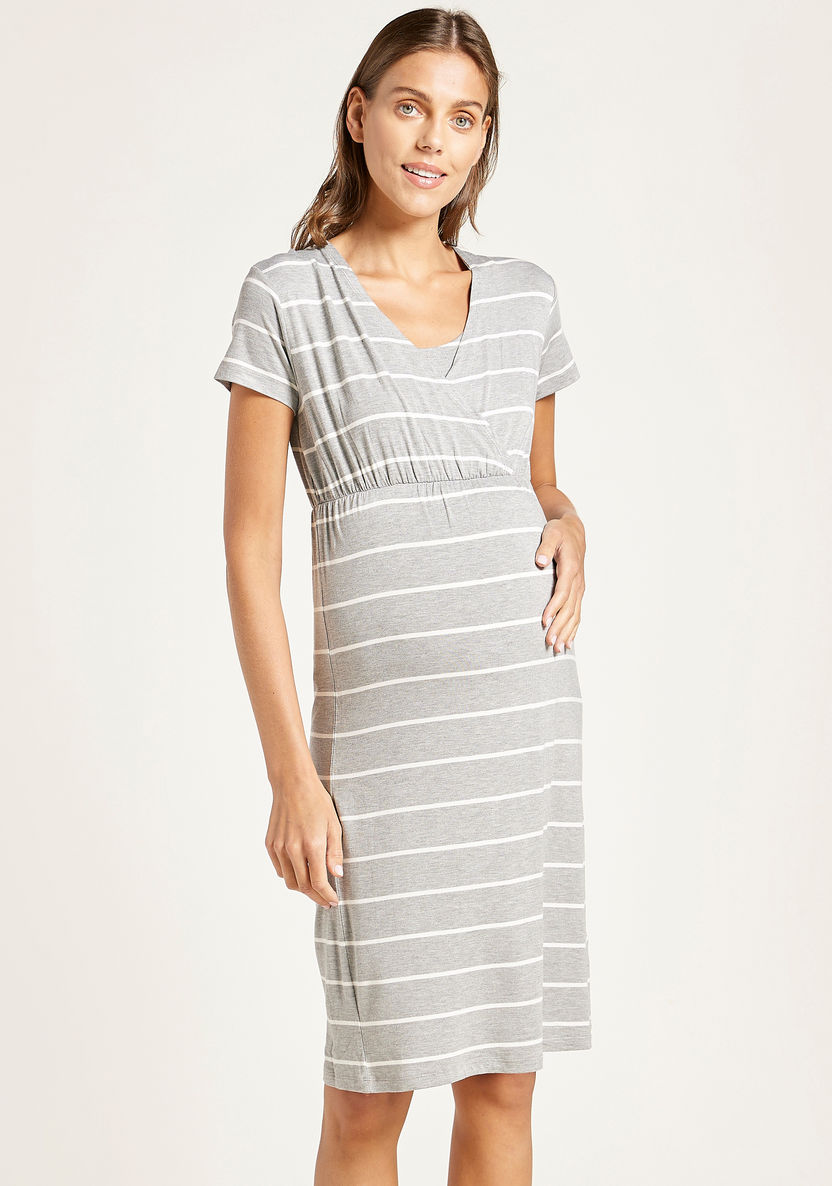 Love Mum V-neck Striped Maternity Dress with Short Sleeves-Dresses-image-0