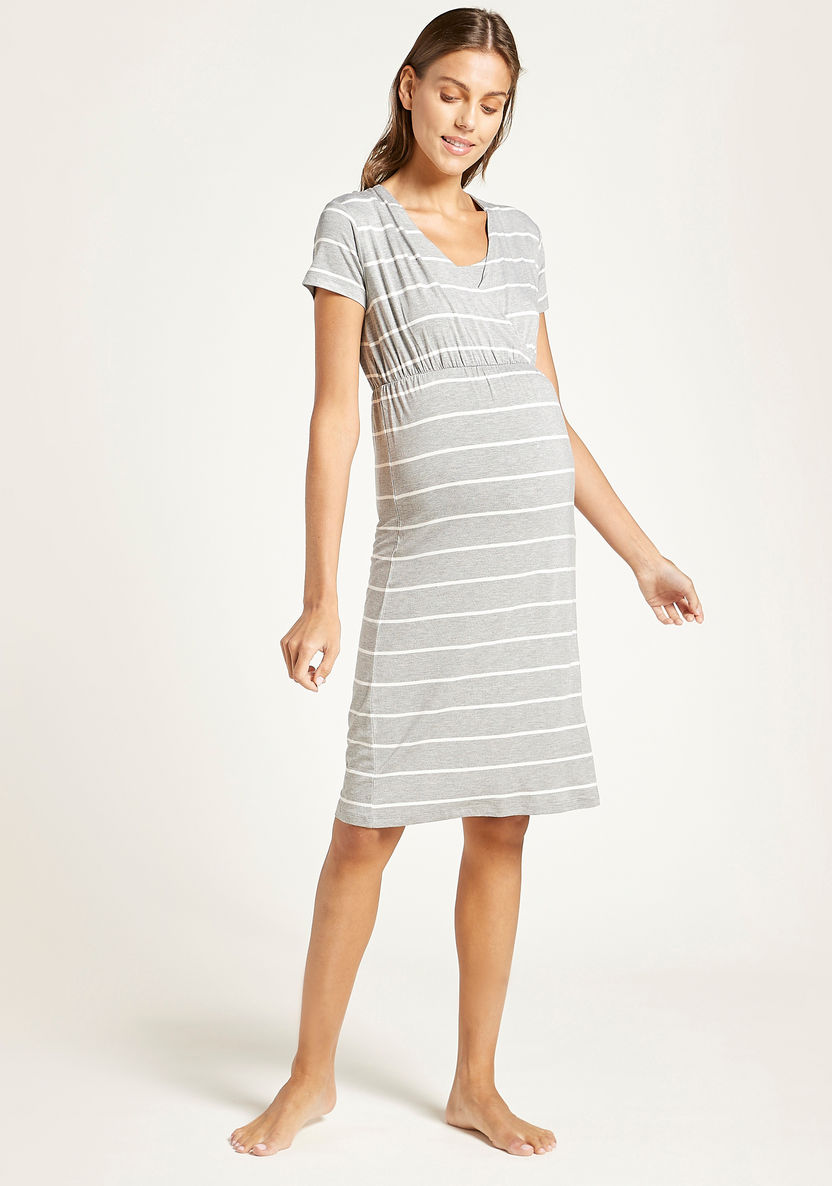 Love Mum V-neck Striped Maternity Dress with Short Sleeves-Dresses-image-1