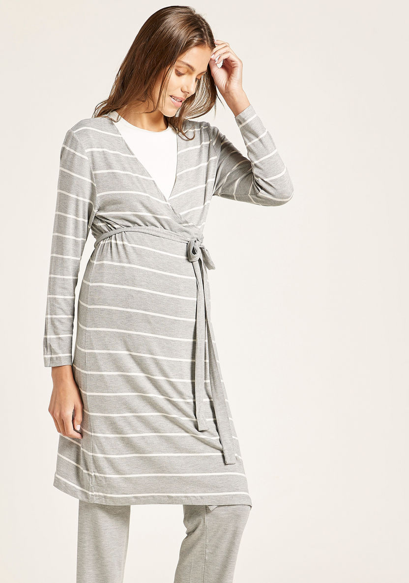 Love Mum Striped Maternity Robe with Long Sleeves-Nightwear-image-1