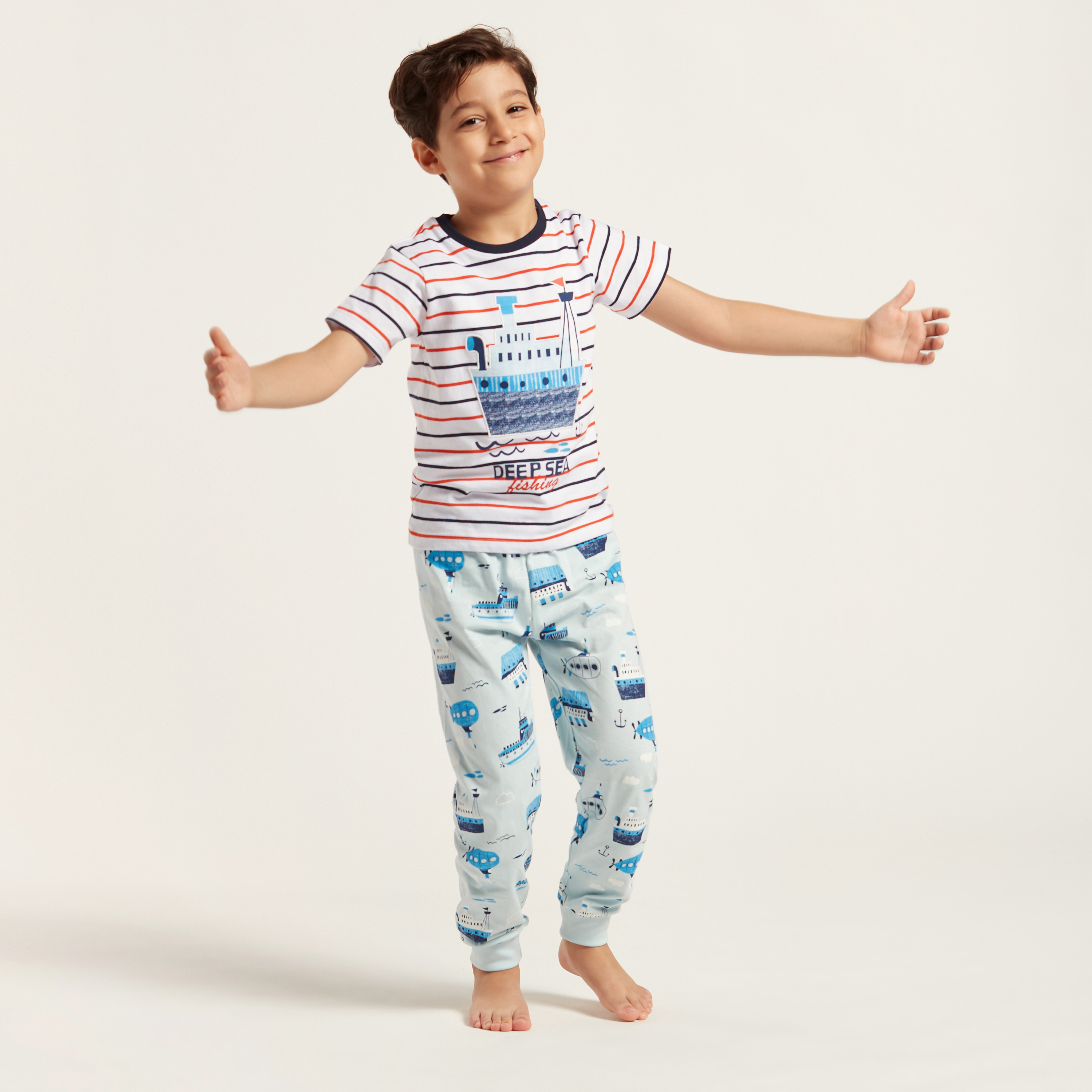 Juniors Nautical Print Short Sleeves T-shirt and Pyjama Set-boys-clothing-nightwear-image-1