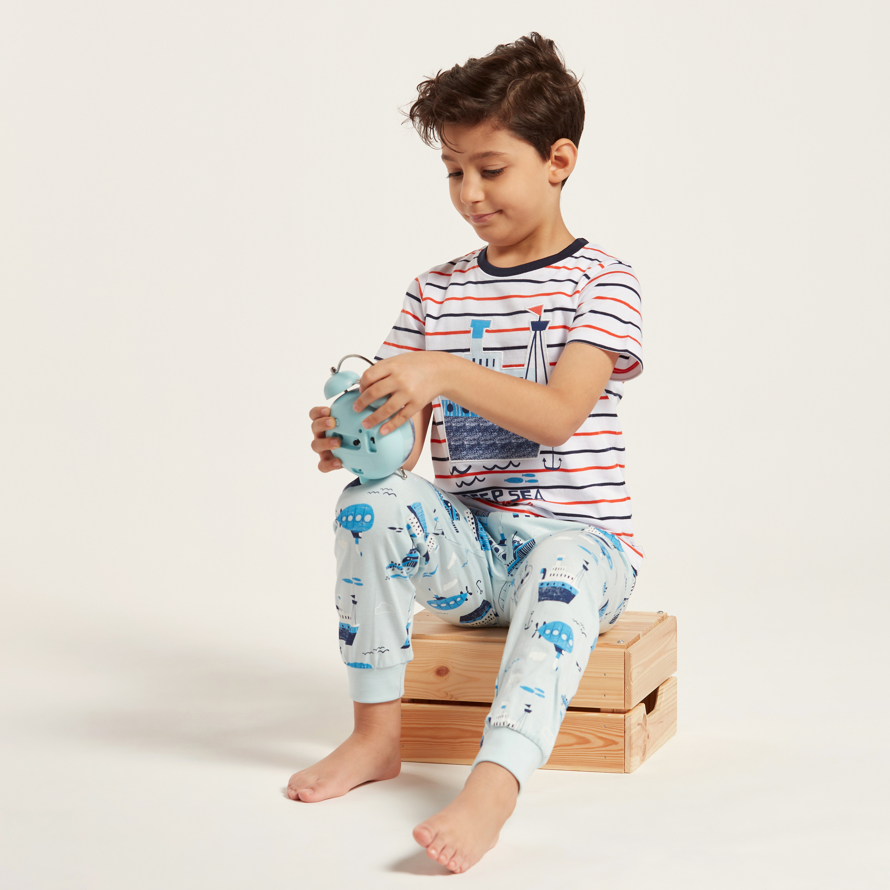 Juniors Nautical Print Short Sleeves T-shirt and Pyjama Set-boys-clothing-nightwear-image-2