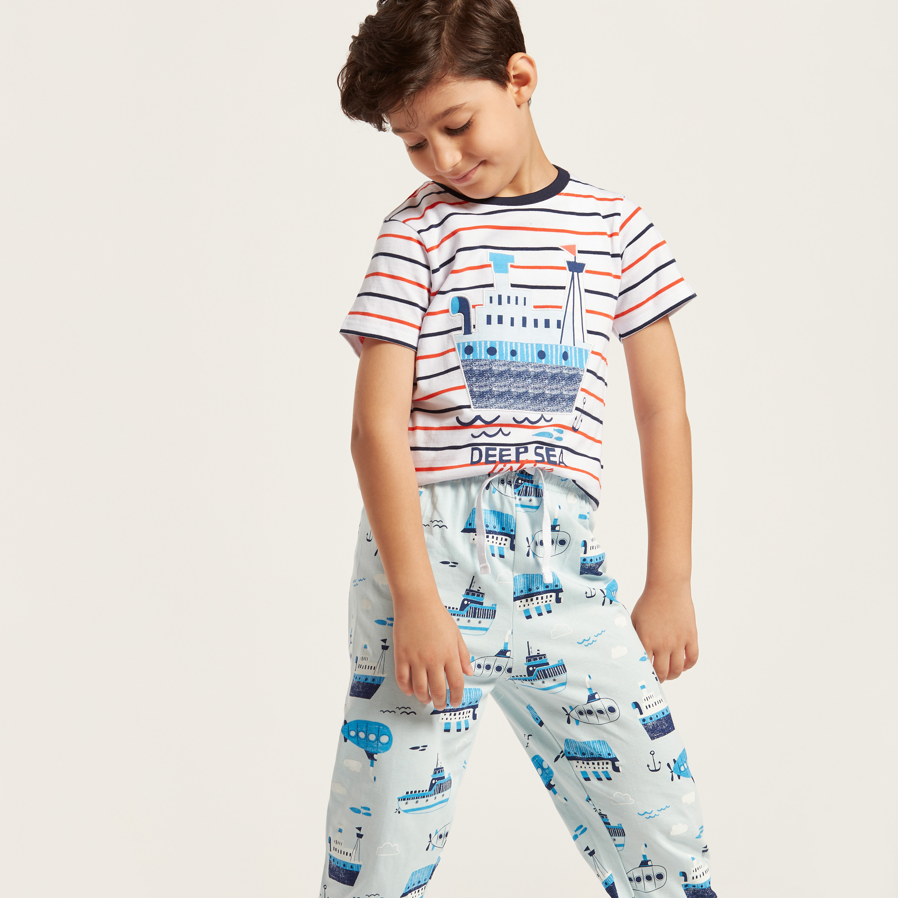 Juniors Nautical Print Short Sleeves T-shirt and Pyjama Set-boys-clothing-nightwear-image-3