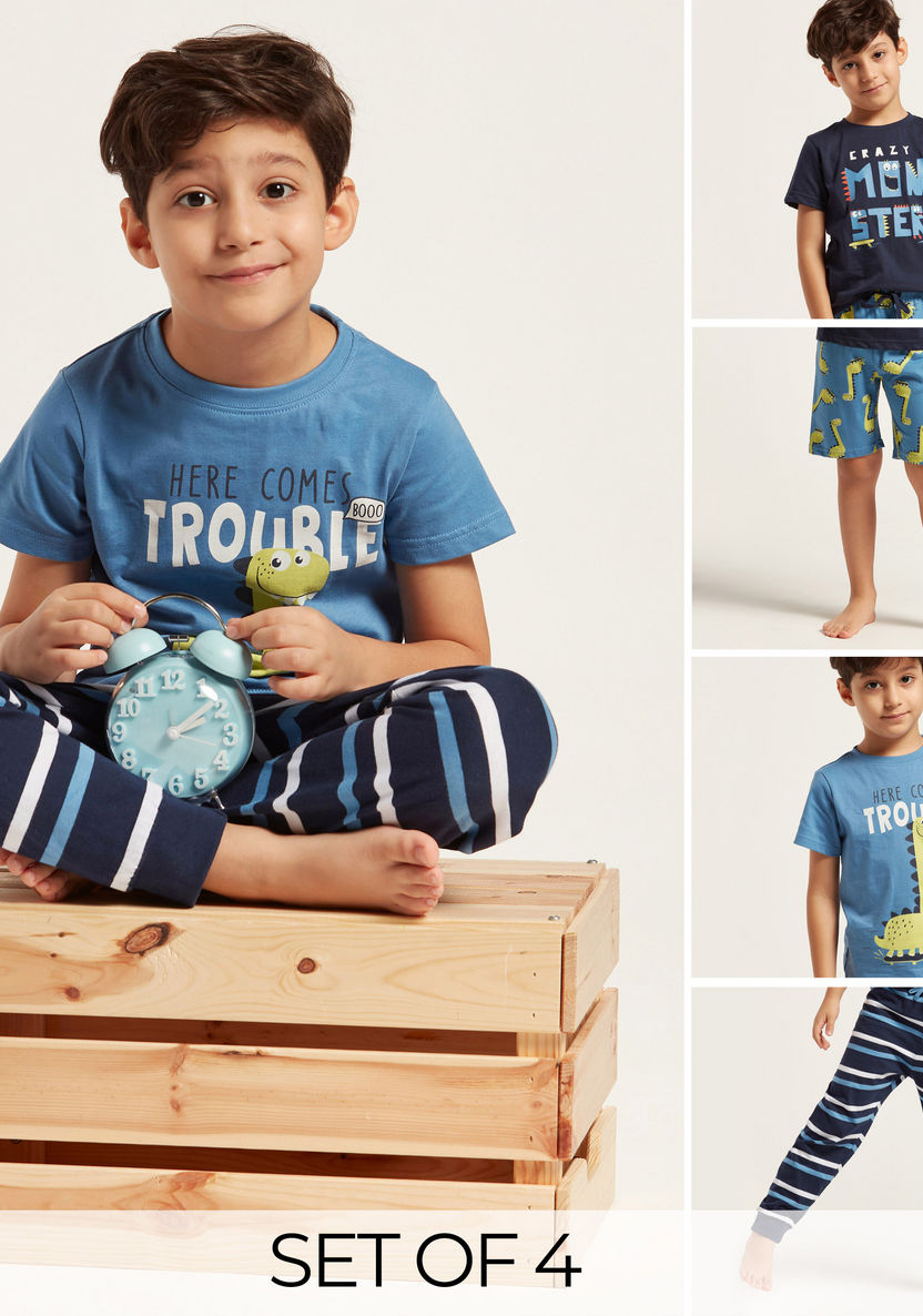 Juniors 4-Piece Printed Short Sleeves T-shirt and Pyjama Set-Pyjama Sets-image-0