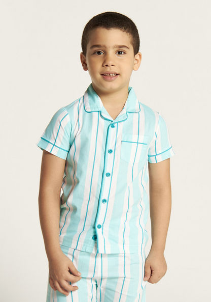 Juniors Striped Shirt with Notch Collar and Full Length Pyjama Set