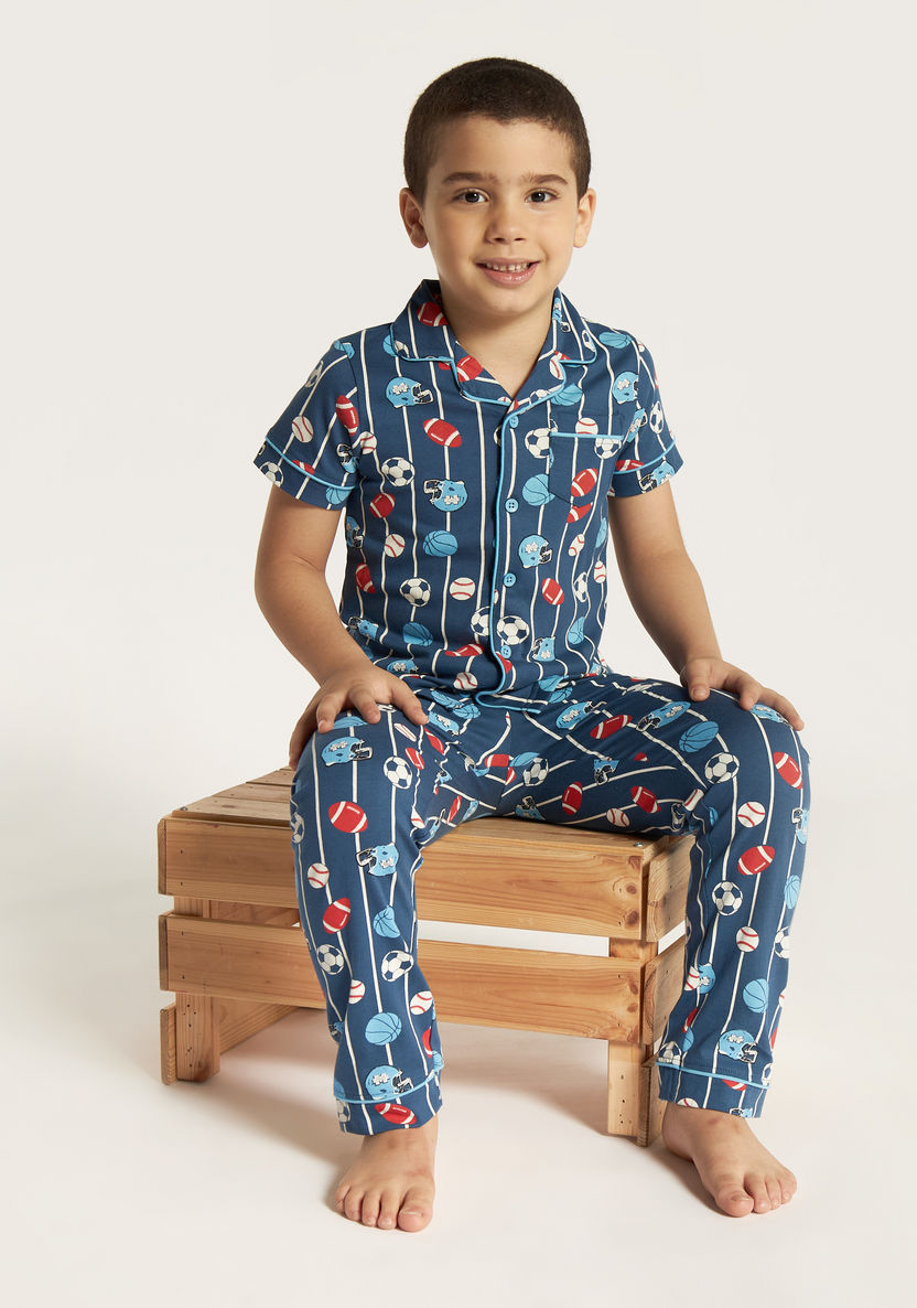 Juniors All Over Print Shirt with Notch Collar and Full Length Pyjama Set-Nightwear-image-0
