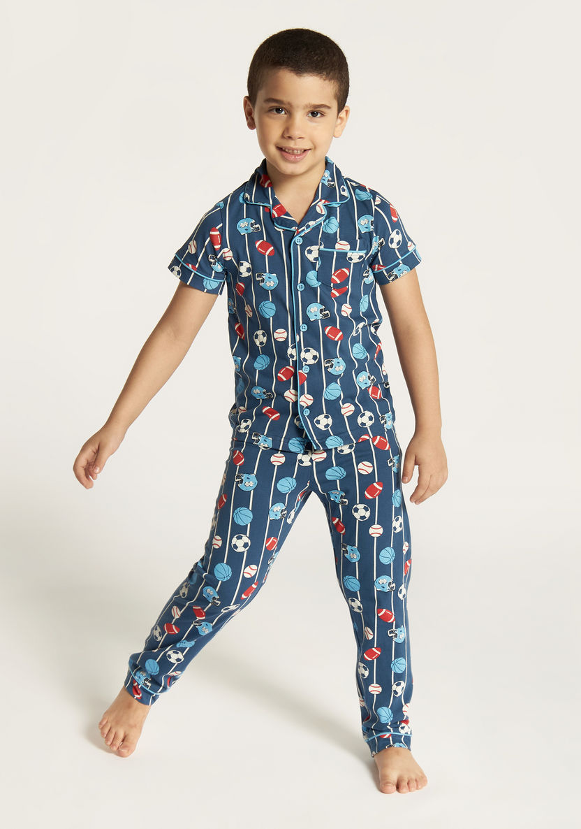 Juniors All Over Print Shirt with Notch Collar and Full Length Pyjama Set-Nightwear-image-1
