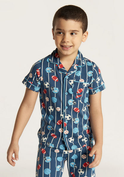 Juniors All Over Print Shirt with Notch Collar and Full Length Pyjama Set