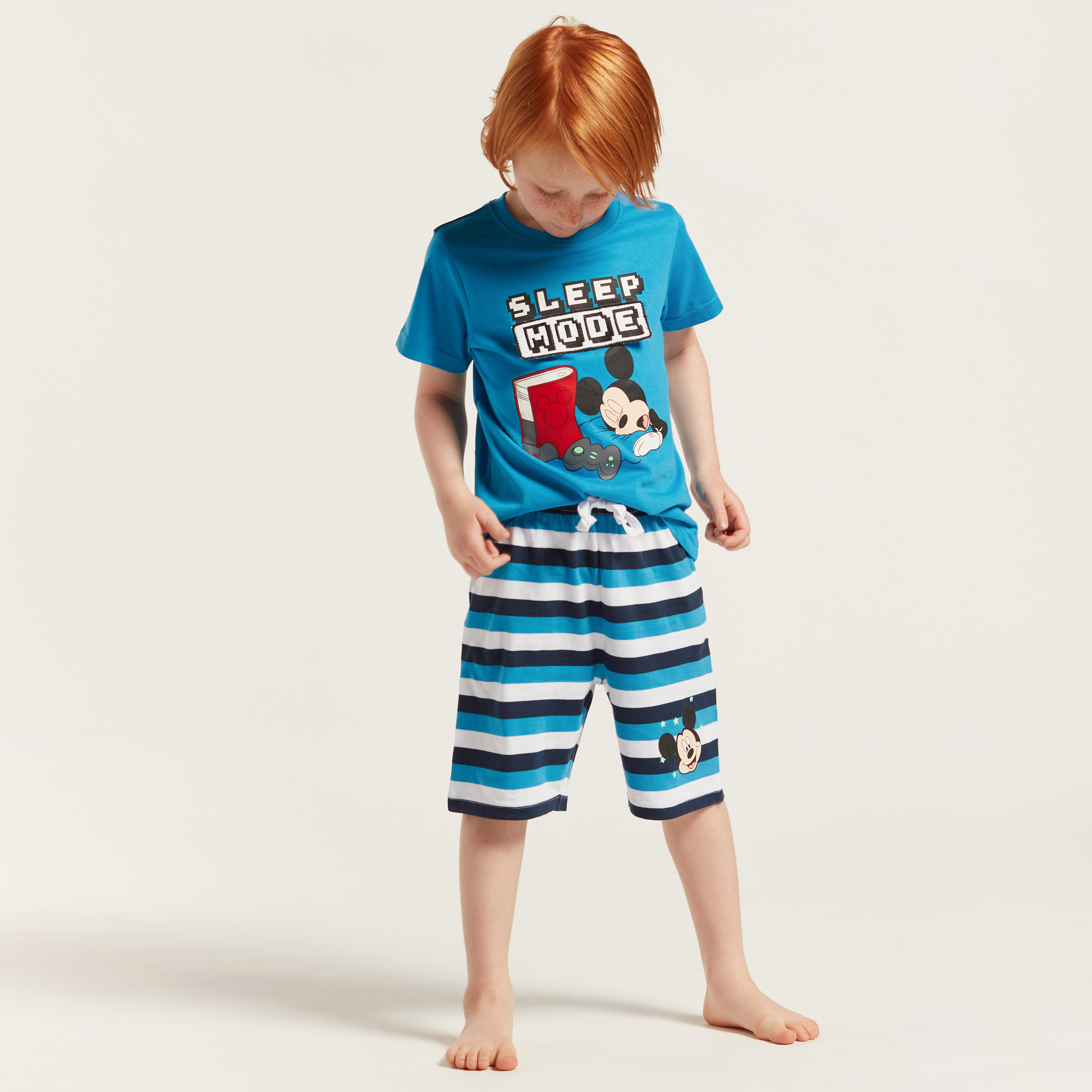 Mickey Mouse Print Round Neck T-shirt and Bermuda Shorts Set-baby-boys-clothing-nightwear-pyjamasets-image-1