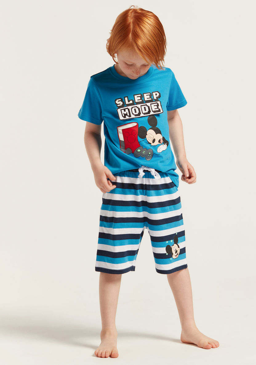 Mickey Mouse Print Round Neck T-shirt and Bermuda Shorts Set-Pyjama Sets-image-0