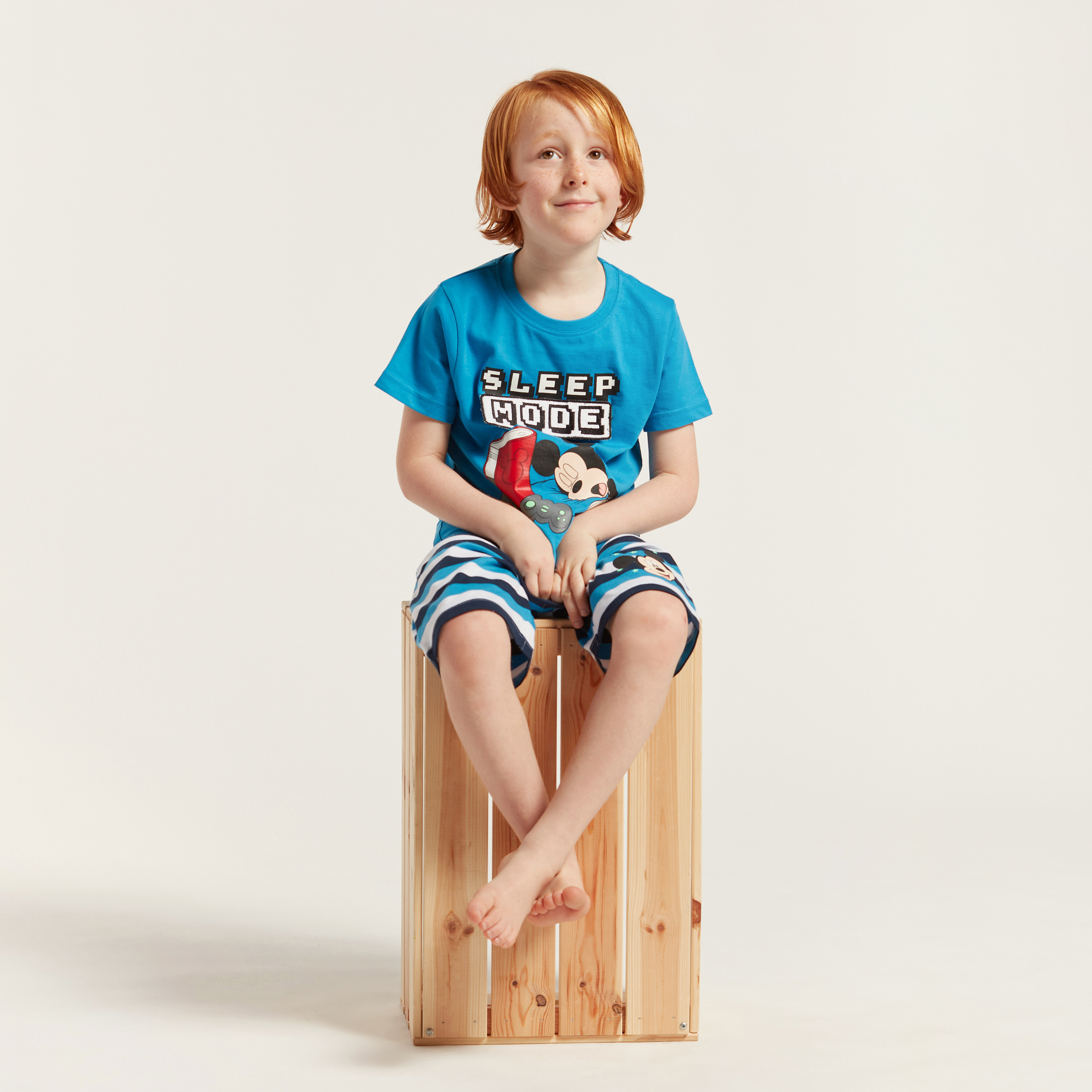 Mickey Mouse Print Round Neck T-shirt and Bermuda Shorts Set-baby-boys-clothing-nightwear-pyjamasets-image-2