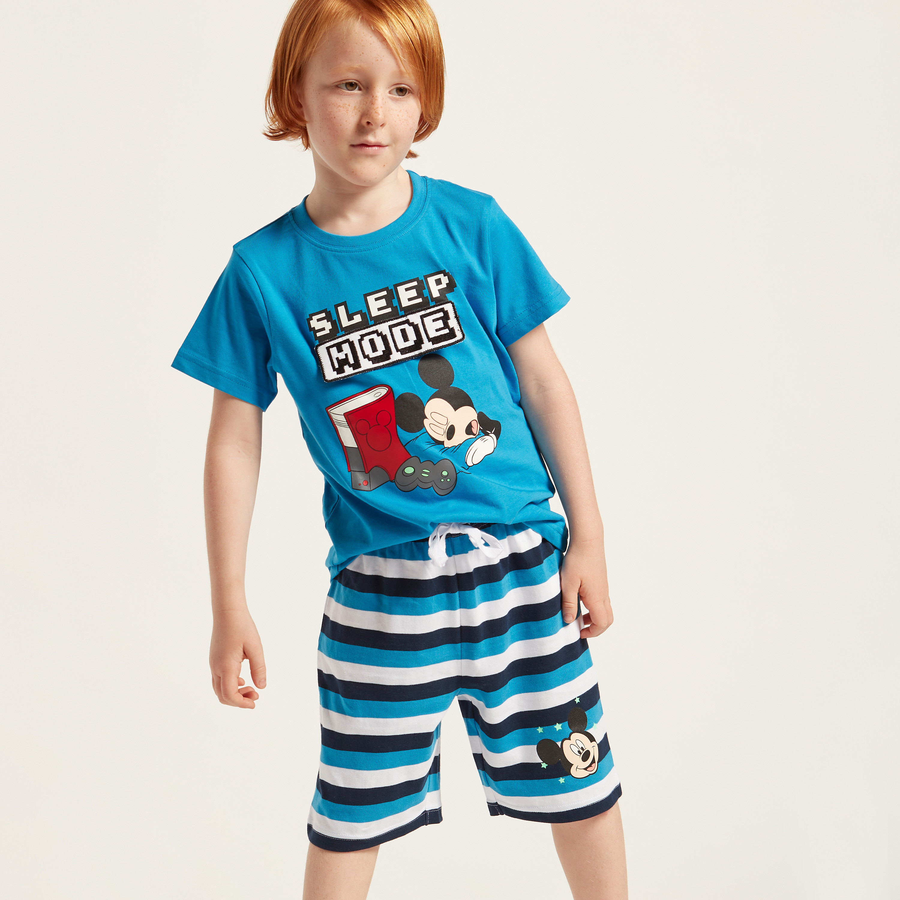 Mickey Mouse Print Round Neck T-shirt and Bermuda Shorts Set-baby-boys-clothing-nightwear-pyjamasets-image-4