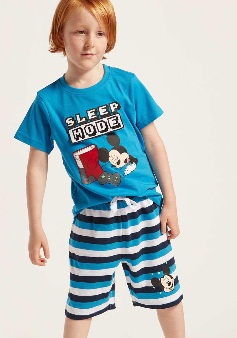 Mickey Mouse Print Round Neck T-shirt and Bermuda Shorts Set-Pyjama Sets-image-3