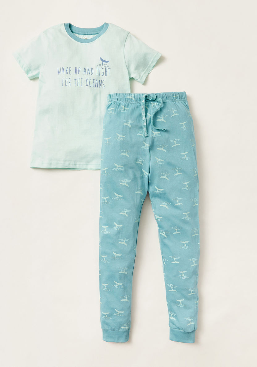 Love Earth Printed Round Neck T-shirt and Joggers Set-Nightwear-image-0
