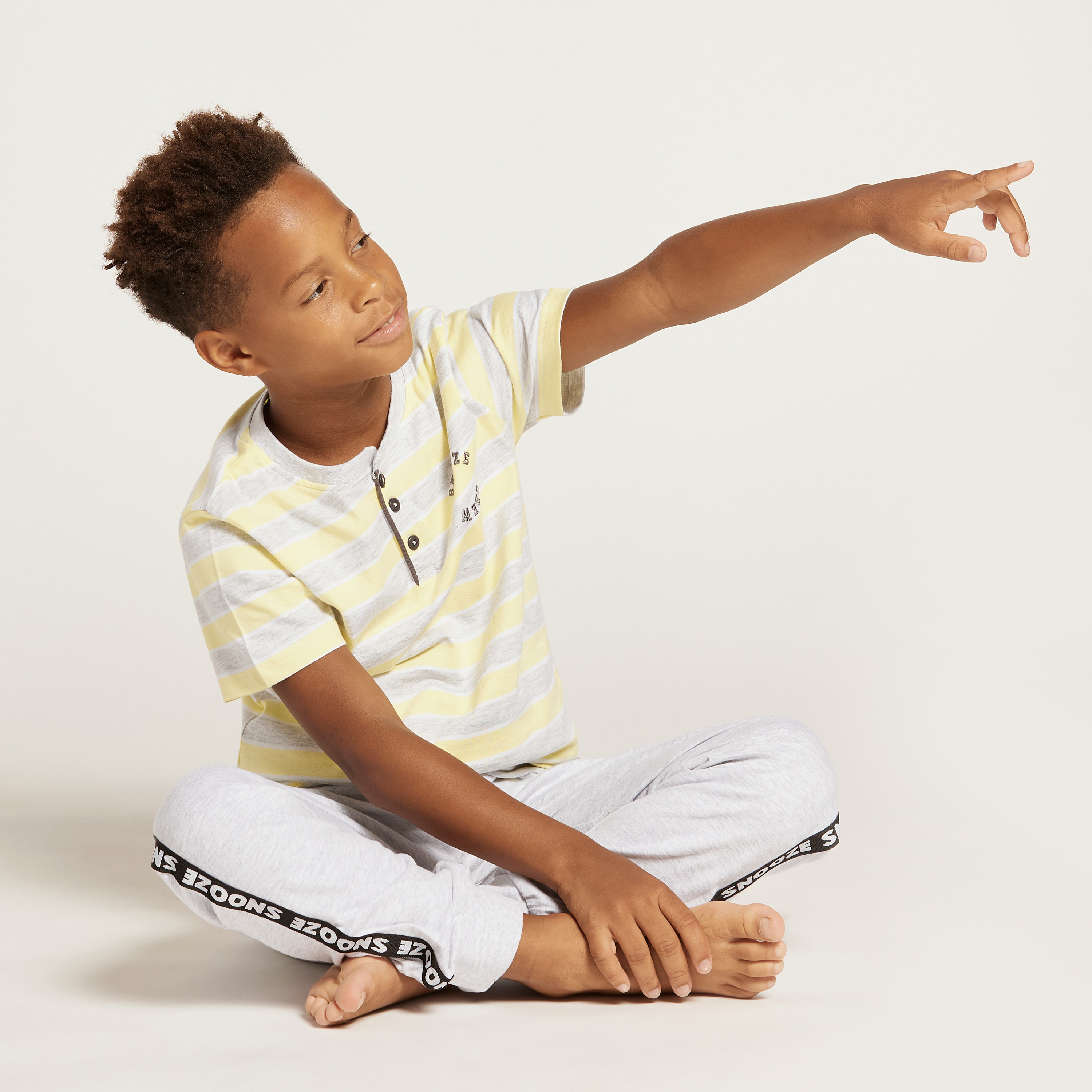 Juniors Striped Henley Neck T-shirt and Joggers with Tape Detail-boys-clothing-nightwear-image-1