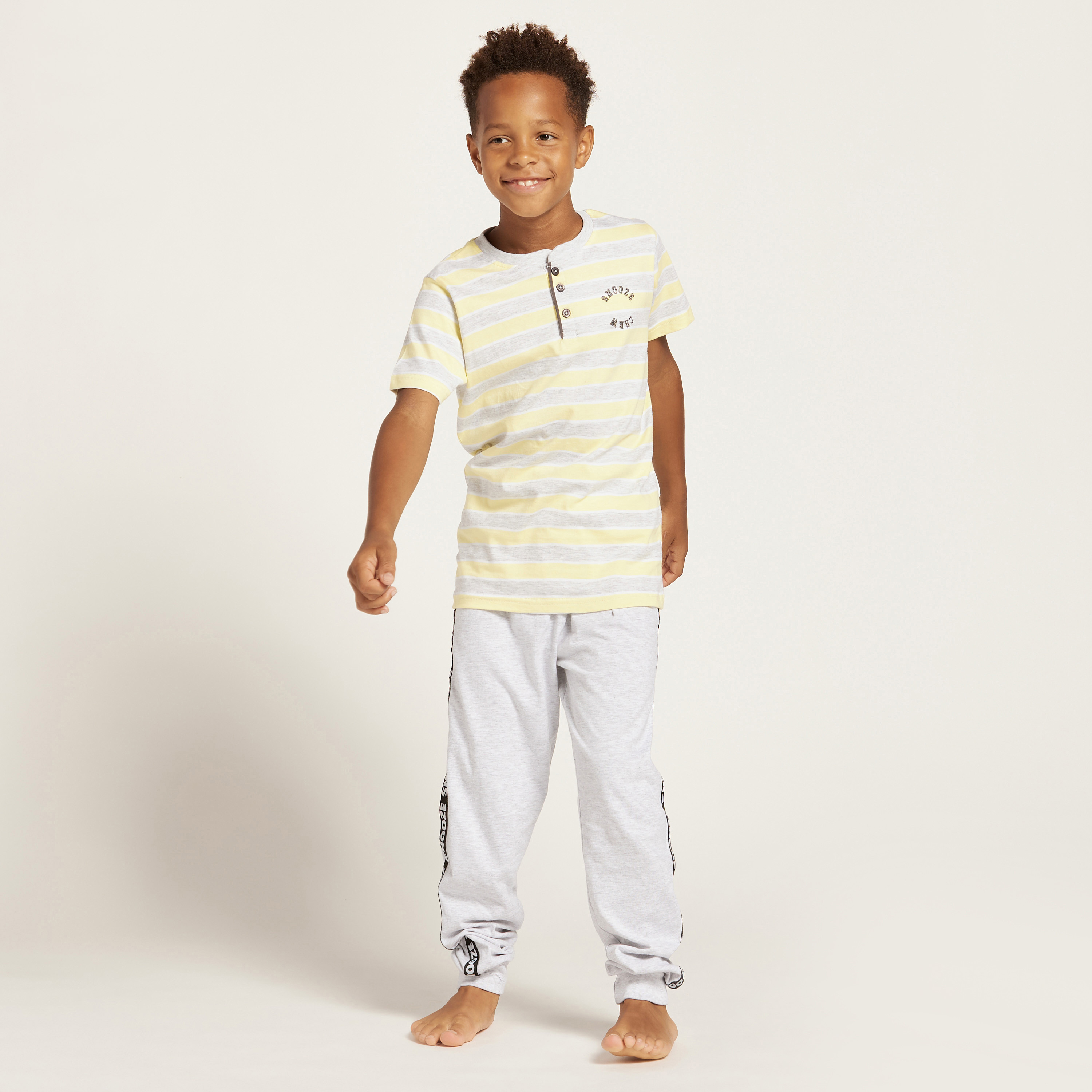 Juniors Striped Henley Neck T-shirt and Joggers with Tape Detail-boys-clothing-nightwear-image-2