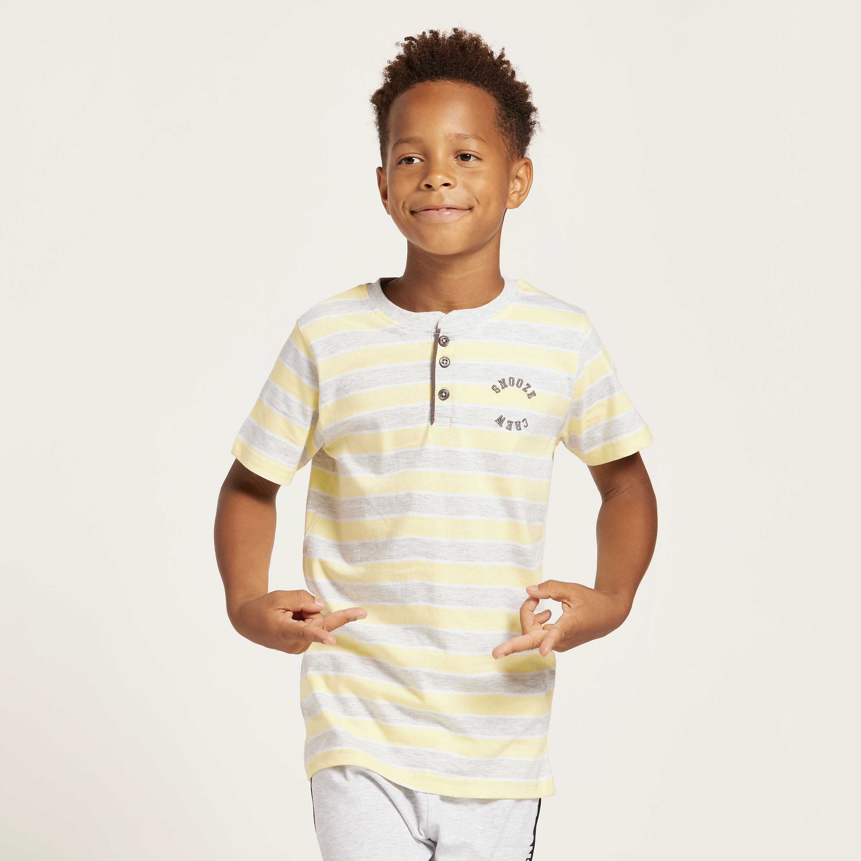 Juniors Striped Henley Neck T-shirt and Joggers with Tape Detail-boys-clothing-nightwear-image-3