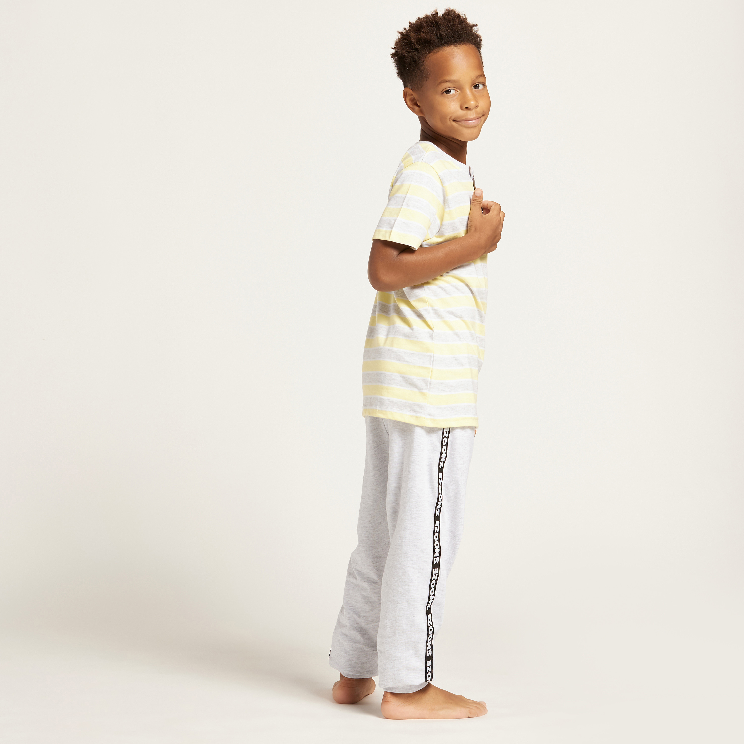 Juniors Striped Henley Neck T-shirt and Joggers with Tape Detail-boys-clothing-nightwear-image-4