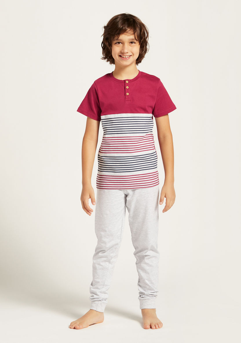 Juniors Striped Henley Neck T-shirt and Solid Pyjama Set-Nightwear-image-1