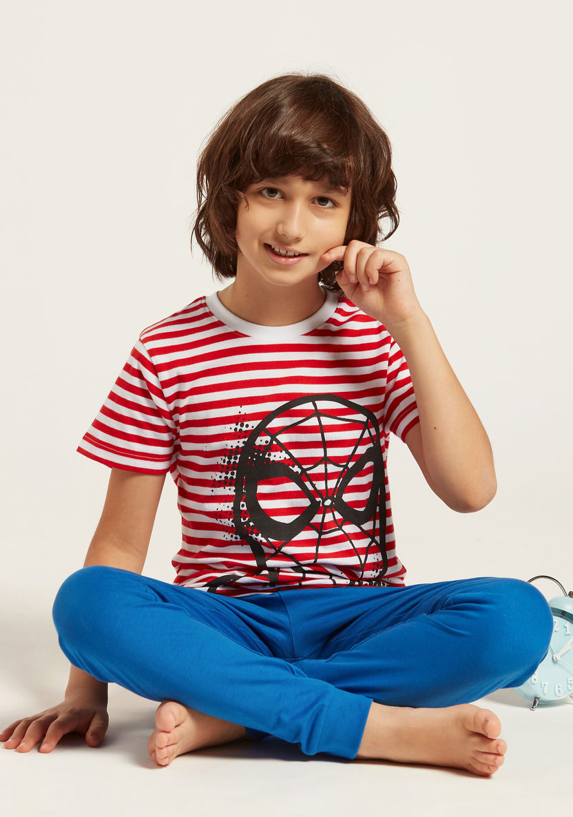 Spider-Man Print Striped Round Neck T-shirt and Joggers-Nightwear-image-0