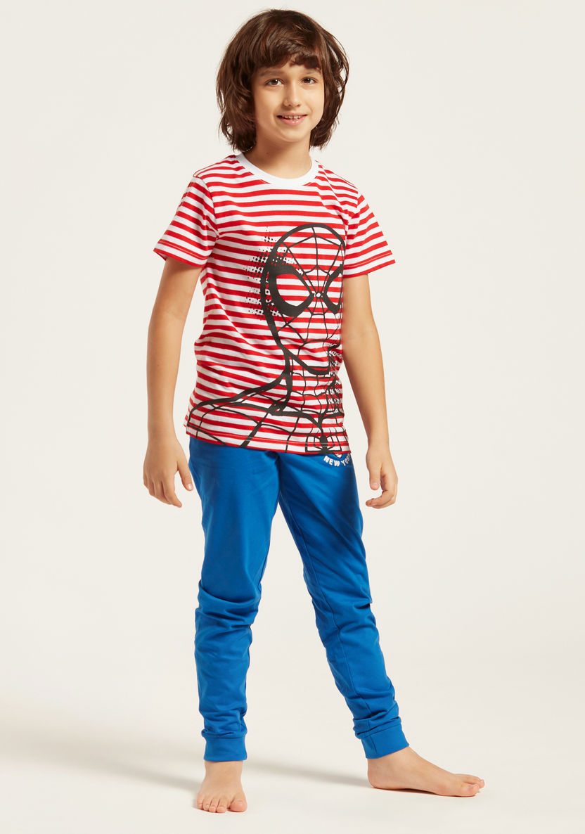Spider-Man Print Striped Round Neck T-shirt and Joggers-Nightwear-image-1