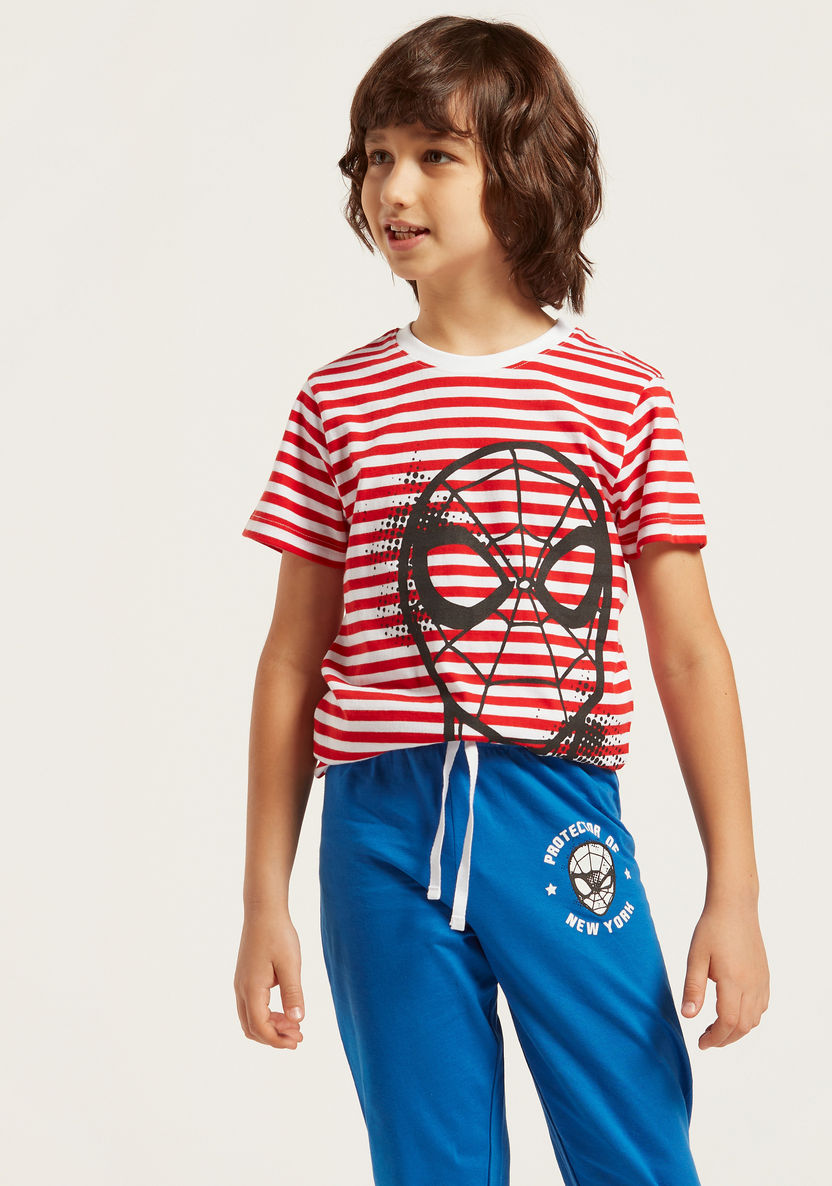Spider-Man Print Striped Round Neck T-shirt and Joggers-Nightwear-image-2