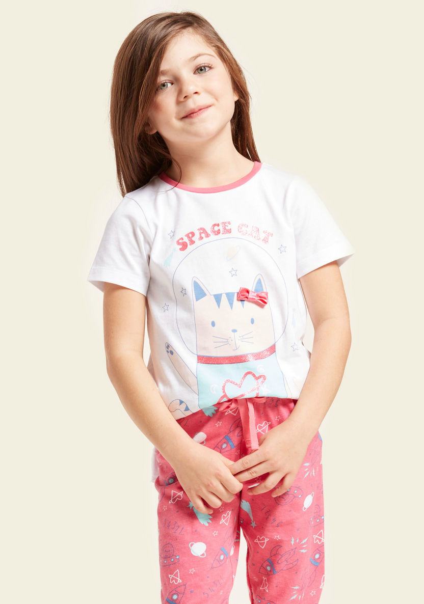 Juniors Printed T-shirt and Full Length Pyjama Set-Nightwear-image-3