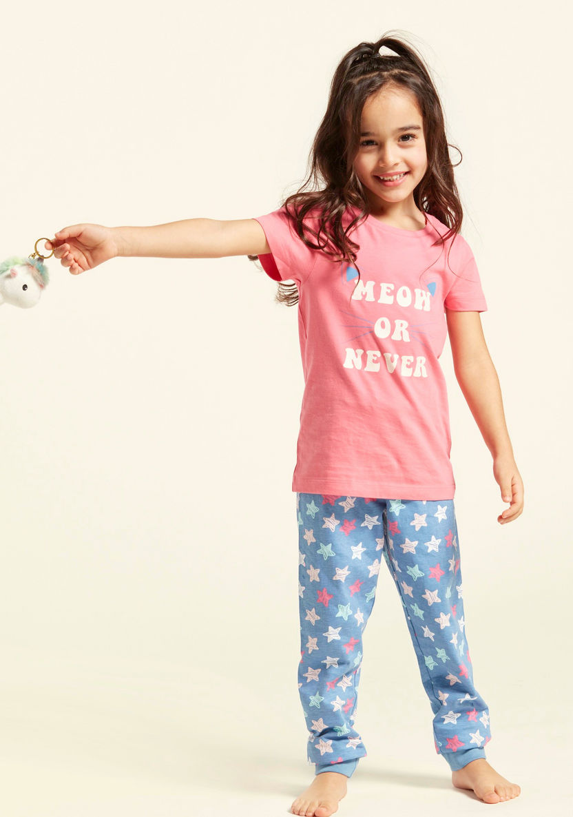 Juniors Graphic Print Round Neck T-shirt and Pyjamas - Set of 2-Nightwear-image-0