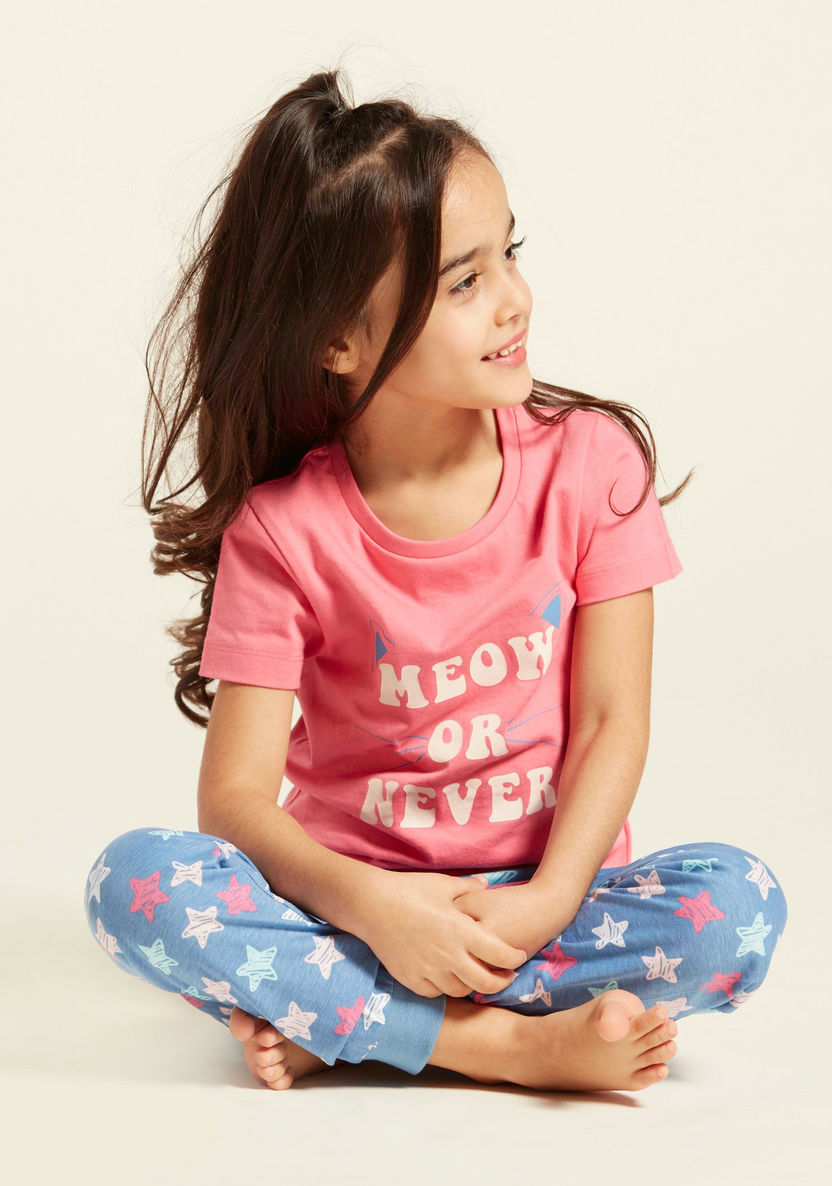 Juniors Graphic Print Round Neck T-shirt and Pyjamas - Set of 2-Nightwear-image-1