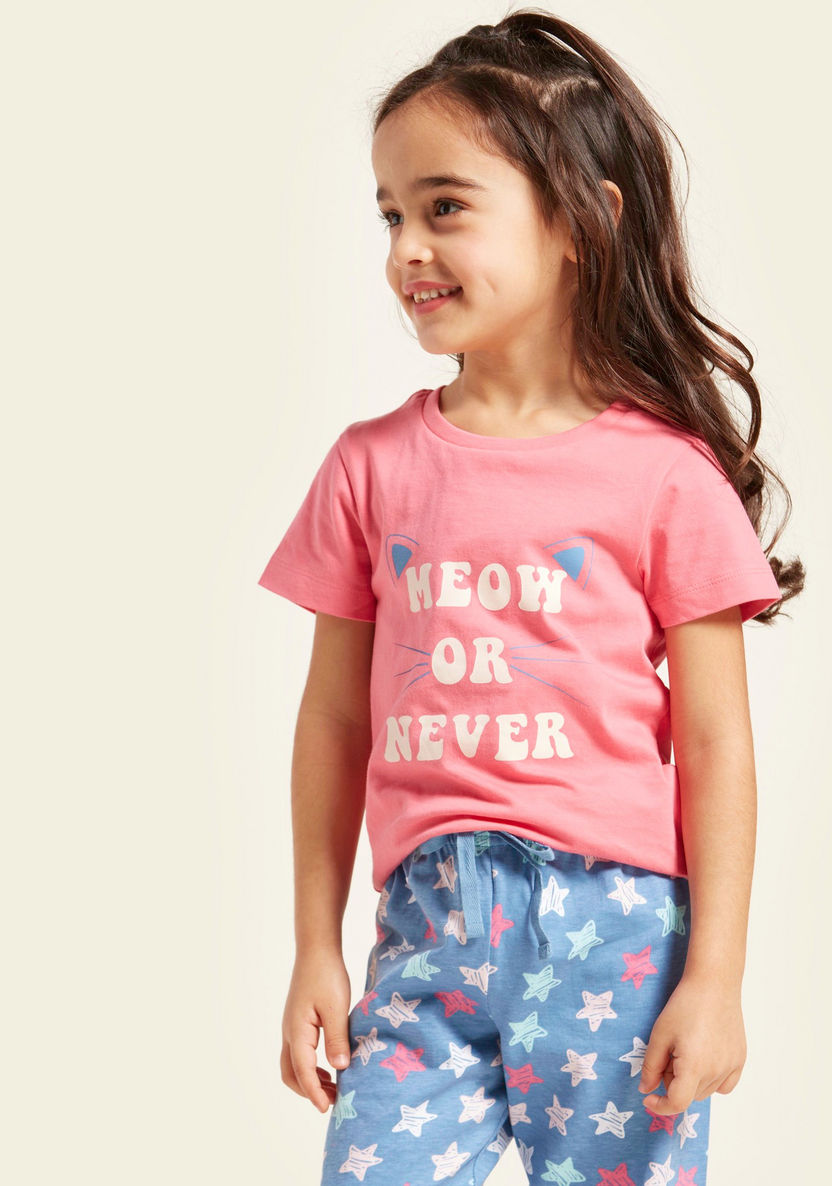 Juniors Graphic Print Round Neck T-shirt and Pyjamas - Set of 2-Nightwear-image-2