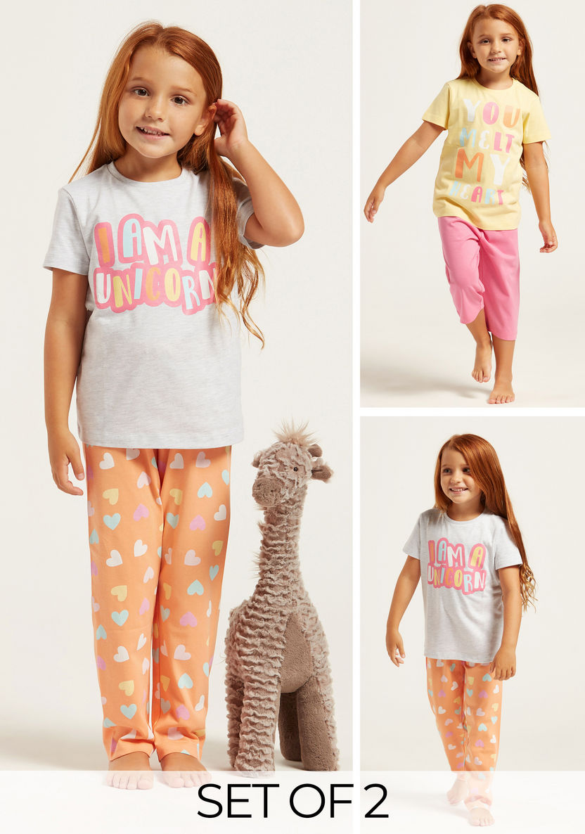 Juniors Printed Round Neck T-shirt and Pyjamas - Set of 2-Multipacks-image-0