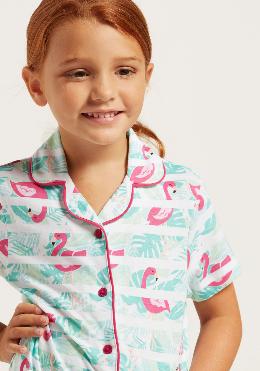 Juniors Flamingo Print Shirt and Full-Length Pyjama Set-Nightwear-image-2