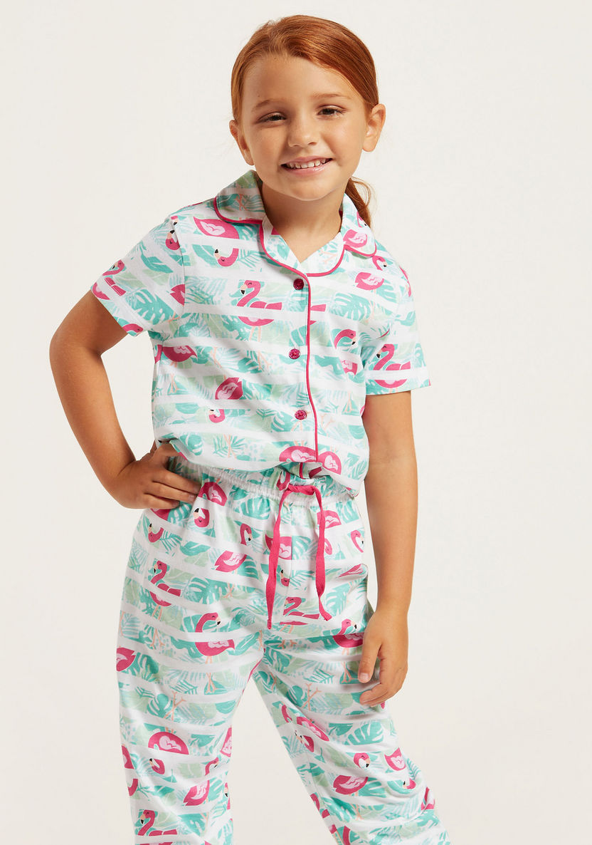 Juniors Flamingo Print Shirt and Full-Length Pyjama Set-Nightwear-image-3