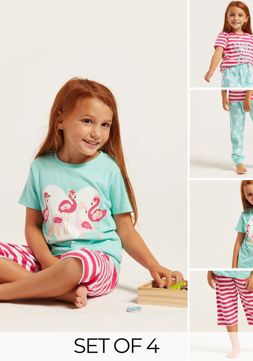Juniors 4-Piece Printed Short Sleeves T-shirt and Pyjama Set-Pyjama Sets-image-0