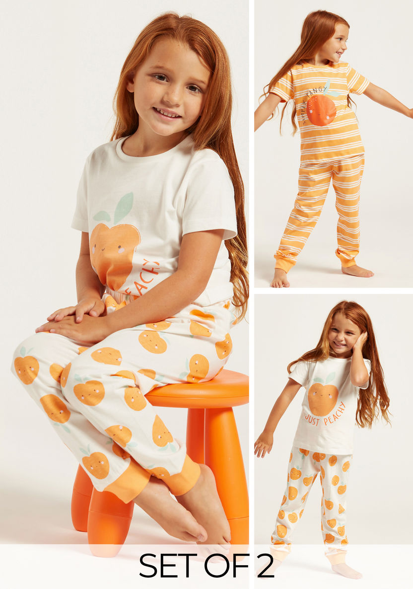 Juniors Orange Themed Round Neck T-shirt and Pyjamas - Set of 4-Nightwear-image-0