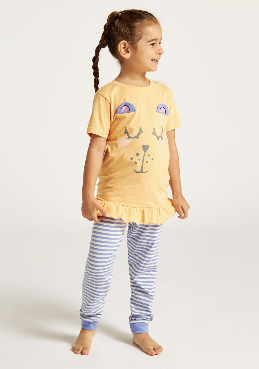 Juniors Printed T-shirt and Striped Pyjama Set-Pyjama Sets-image-0