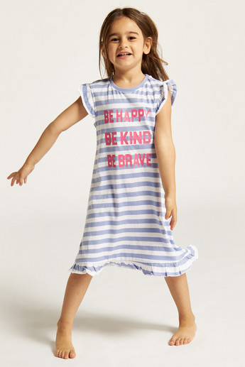 Juniors Printed Round Neck Nightdress with Ruffled Sleeves - Set of 2