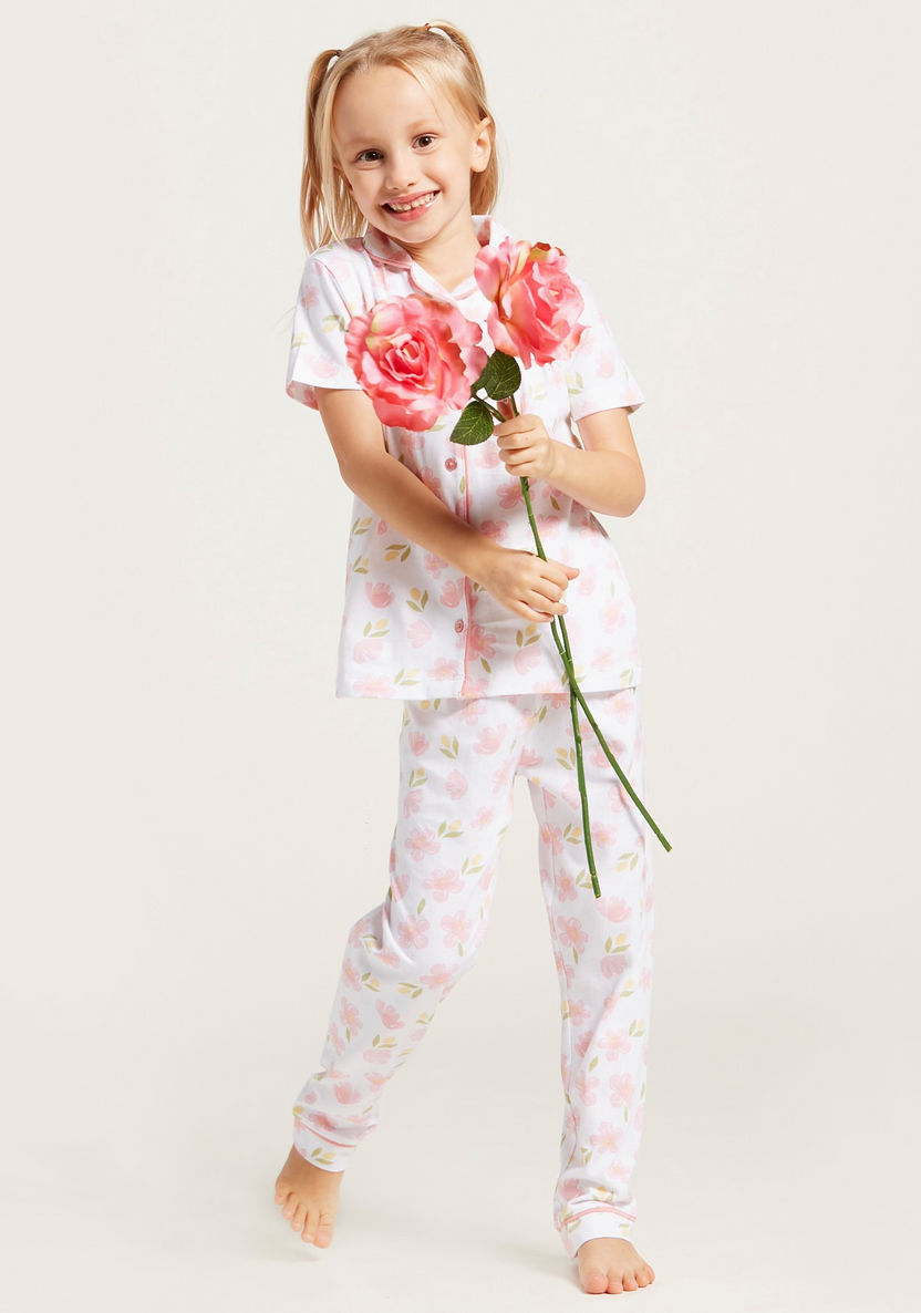 Juniors All-Over Floral Print Short Sleeves Sleepshirt and Pyjama Set-Pyjama Sets-image-0