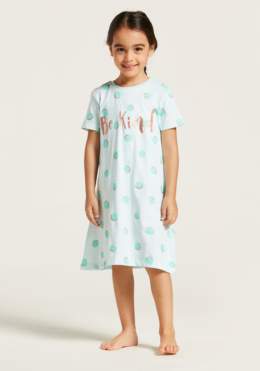 Juniors Polka Dot Print Sleep Dress with Round Neck and Short Sleeves-Pyjama Sets-image-0