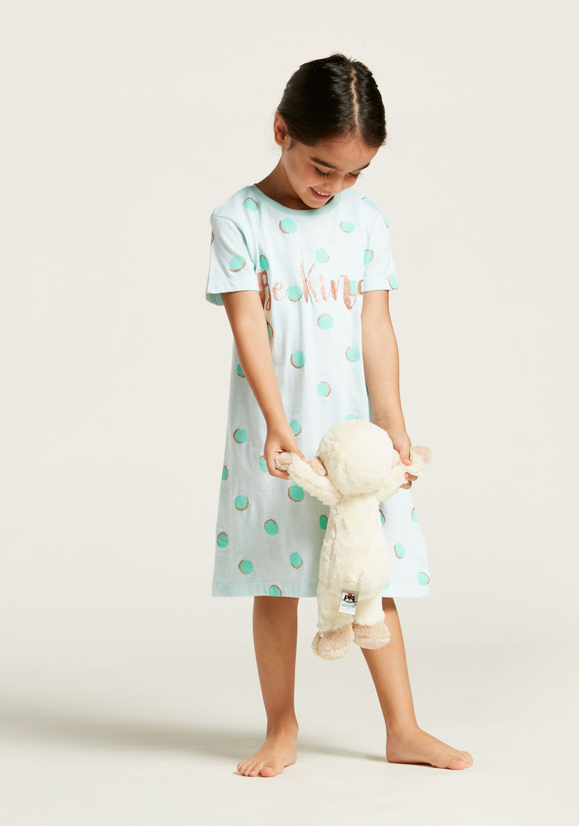 Juniors Polka Dot Print Sleep Dress with Round Neck and Short Sleeves-Pyjama Sets-image-1