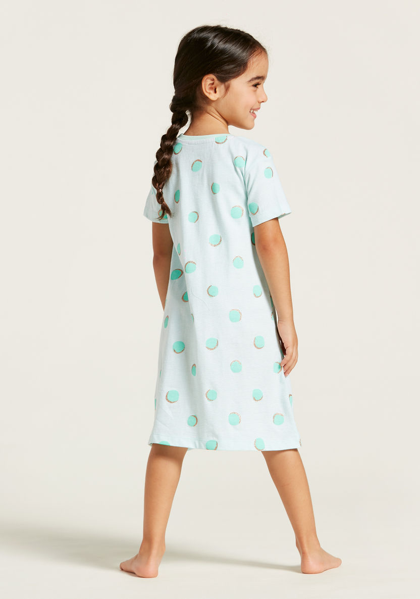 Juniors Polka Dot Print Sleep Dress with Round Neck and Short Sleeves-Pyjama Sets-image-3